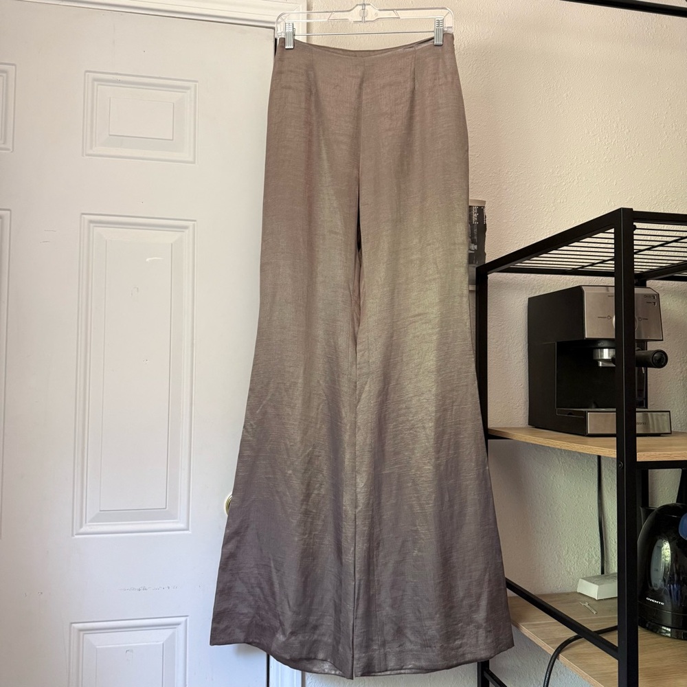 LITA COUTURE tan viscose satin wide flare leg trousers pants